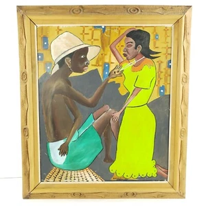 Pintura original de Roger Francois enmarcada hombre con mujer firmada arte popular de Haití - Imagen 1 de 12