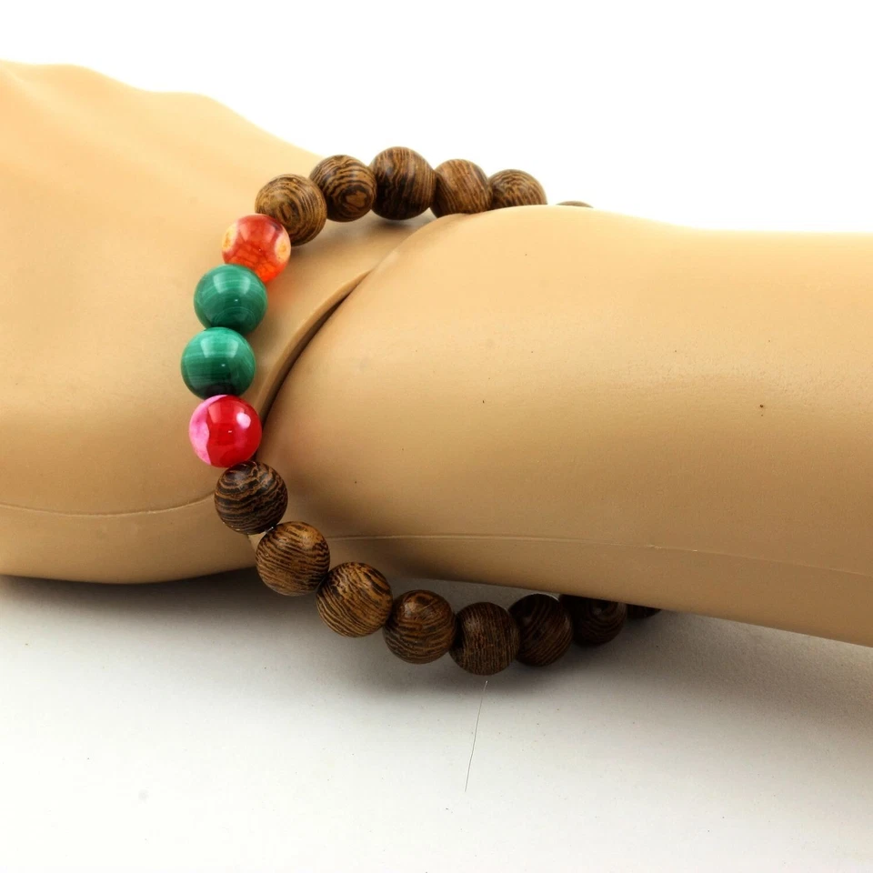 Armband Malachit Perlen Aus Dem Kongo + Bunte Ge crackte Achat + Holz - Bild 1 von 4