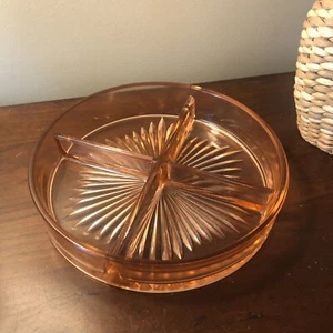Vtg Pink Depression Glass Divided 4 Section Round Serving Dish Candy Relish 8" - Picture 1 of 5