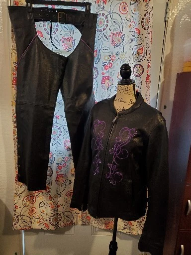 Milwaukee Leather Motorcycle Jacket Sz M Black Purple Embroidered Stars Chaps Lg - Image 1 of 4