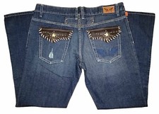 New Men's Robins Jeans D5075 Leather Studded Stones Wings Straight Leg Sz 38