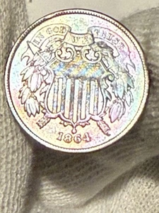 1864 2 Cent Piece Large Motto AU+w/Visible "We" & Rotated 120* Rare Spec Toned - Picture 1 of 2