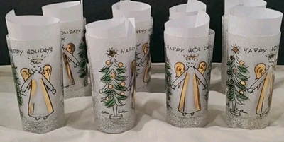 Набор из 8 флокированных стеклянных рождественских елок Culver John Sutton Signed MCM Angel - Изображение 1 из 4