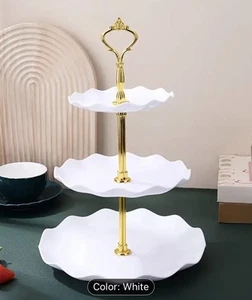 White 3 tier plastic cake stand With Gold Handle Cup Cake Stand Food Platter - Picture 1 of 2