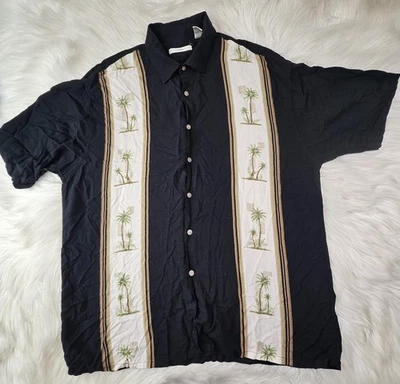 Campia Moda  Shirt Mens Black Panel Hawaiian Palm Trees Rayon (XL) - Image 1 of 4
