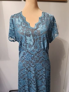Vintage Wintersilks Aqua Blue Teal Lace Midi Dress by Winter Silks Large - Picture 1 of 14