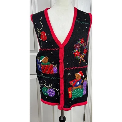 Bobbie Brooks Mujeres L Chaleco de Navidad Oso de Peluche Vacaciones Bordado Suéter Chaleco Foto 1 de 4
