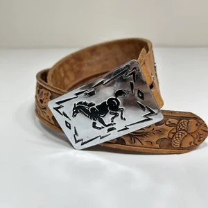Vintage Sears Chambers Horse Western Belt Buckle Steerhide Leather Youth Belt 28 - Picture 1 of 9