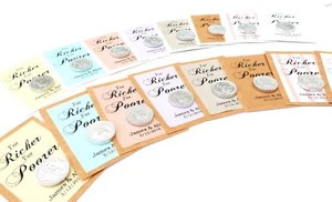 100X PERSONALIZA MÁS RICO PARA MÁS POBRE ETIQUETAS MONEDAS CHOCOLATE FAVOR BODA #030 - Imagen 1 de 5