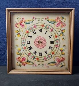 VINTAGE Needlepoint Folk Art Wooden Clock Working Charming Floral Theam WORKS