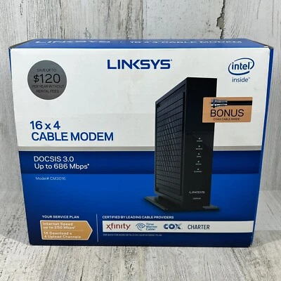 LINKSYS Cable Modem 16x4 Bonded Channels DOCSIS 3.0 Black CM3016 - NEW - Image 1 of 4