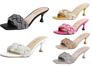 Women Square Open Toe Low Stilettos Heel Wedding Party Dress Heel Sandals Shoes - Picture 1 of 32
