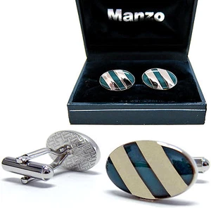 Neu Herren Manschettenknöpfe Manschettenknopf oval Hochzeit formell Abschlussball schlicht blau Streifen #18 - Bild 1 von 3
