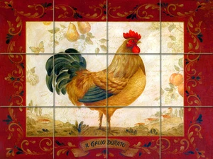 24 x 18 Art Red Border Mural Ceramic Bath Backsplash Rooster Tile #322 - Picture 1 of 5