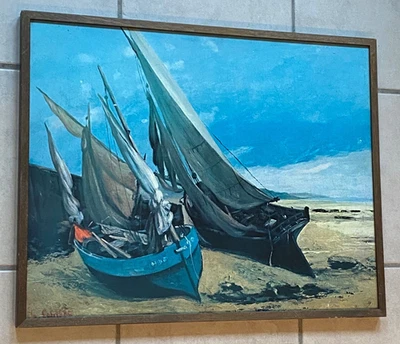 Maritimes Bild Farbdruck gerahmt FISCHERBOOTE AUF DEM STRAND Gustave Courbet - Bild 1 von 4