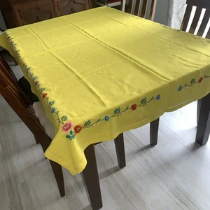 Leinen Tischdecke gelb Handstickerei 54x78 mehrfarbig Blumen Ranken Hohlsaum - Bild 1 von 10