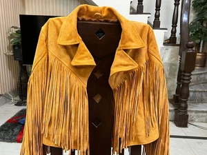 Women's Fringe Suede Leather Jacket Western Boho Cowgirl Festival Coat Jacket - Picture 1 of 7
