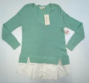 Two By Vince Camuto Damen türkis weiß Langarm Twofer Pullover Tunika Shirt XS - Bild 1 von 7