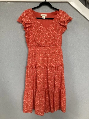 Jessica Simpson Women's Red Dress Size Medium Floral Ruffle Cap Sleeve - Image 1 of 3