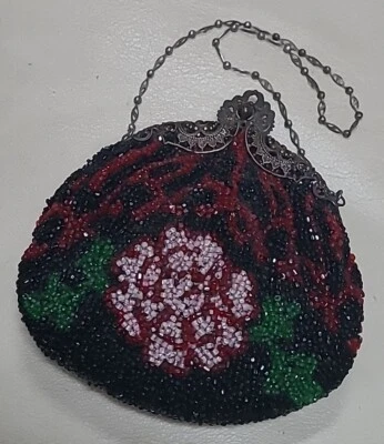 BEADED FLORAL BAG Vintage Victorian Evening Purse Intricate Frame Antique - Image 1 of 4