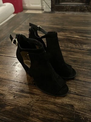 Qupid Mujeres 7 M Negro Peep Toe Botín Botín Tacón Alto Zapato Gamuza Foto 1 de 4