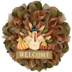 Wood Thanksgiving Turkey With Welcome Sign Burlap Deco Mesh Wreath Handmade - Picture 1 of 5