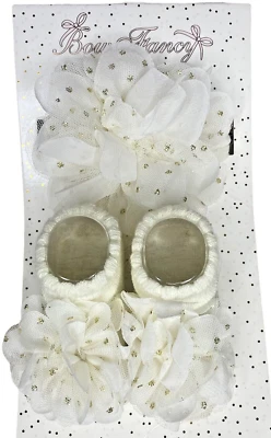 NUEVO Conjunto de diadema para bebé niña con lazo flor y botines florales tejidos dorado crema Foto 1 de 4