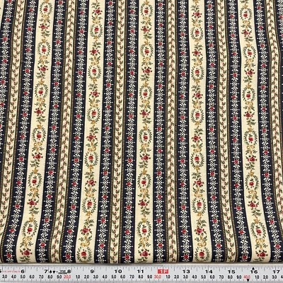 Vintage Marcus Brothers Striped Florals Cream Blue Cotton by the HALF YARD - Image 1 of 2