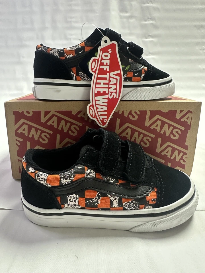 全新 Vans Old Skool V 学步儿童 'Glow Sk8 Monsters' Puffins Bill/True White - 7.0 T — 第 1/4 张图片