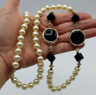 Collier de Perles Fantaisie Nacrées et Noires Vintage Style Couture L.77,5cm