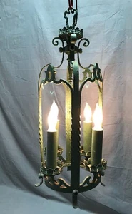 Antique Cast Iron 4 Light Hanging Chandelier Candelabra Fixture Green 1433-22B - Picture 1 of 12