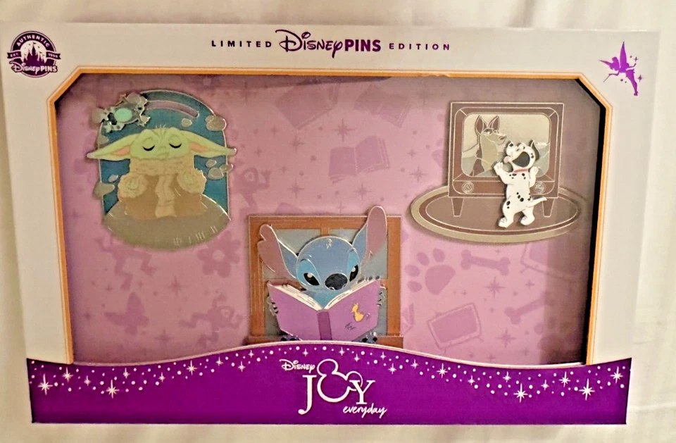 DISNEY D23 EXPO 2024 JOY EVERYDAY JUMBO 3 PIN BOX SET GROGU STITCH DALMATIAN LE