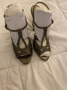 Authentic JOAN & DAVID Mimo Metallic Pewter Leather High Heel Sandals 10 - Picture 1 of 6