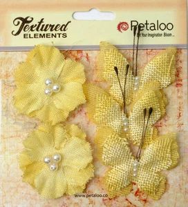 Petaloo Textured Elements " Burlap Butterflies & Blossoms x 5 Yellow 1203-203 - Picture 1 of 1