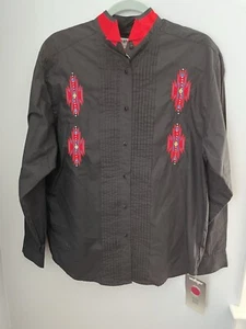 Vintage Wrangler Black Red Western Rhinestone Embroidered Button Down Shirt, L - Picture 1 of 10