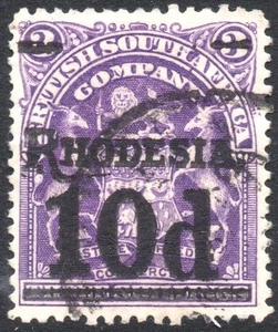 Rhodesia 1909-11 10d on 3s deep violet, black surcharge, SG.117, VFU cat.£19 - Picture 1 of 1