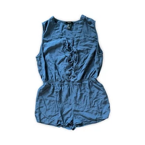 Forever 21 Women's Steel Blue Romper Jumpsuit Shorts Lace up Neck Size Large - Foto 1 di 5