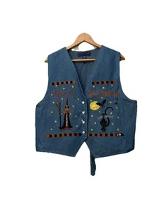 Karen Scott Denim Vest Womens XL  Novelty Halloween witch black cat bat  - Picture 1 of 6