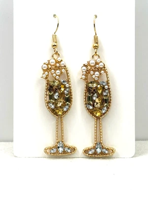 Sparkling Bubbly Crystal Simulated Seed Pearl Champagne Flute Drop Earrings NWT - Image 1 of 4