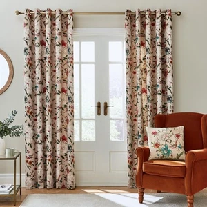 Catherine Lansfield Pippa Floral Birds Thermal Lined Curtains Eyelet Top Natural - Picture 1 of 3