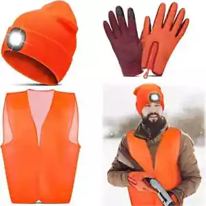 Juego de 3 piezas Chaleco de Caza Naranja Blaze Guantes Pantalla Táctil y Sombrero LED Seguridad Bicicleta - Imagen 1 de 19