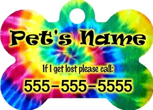 Personalized Custom Pet Tag Bone Shaped Tie-Dye Tie Dye Rainbow Background NEW - Picture 1 of 1