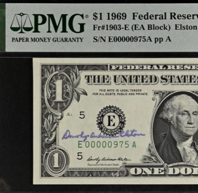 1969 $1 FRN PMG 67EPQ - Treasurer Eleston Autograph - Low Serial Number 00000975 - Image 1 of 3