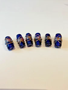 Vintage 6 Beautiful Tubular Embellished Glass Colourful Beads Blue - Picture 1 of 7
