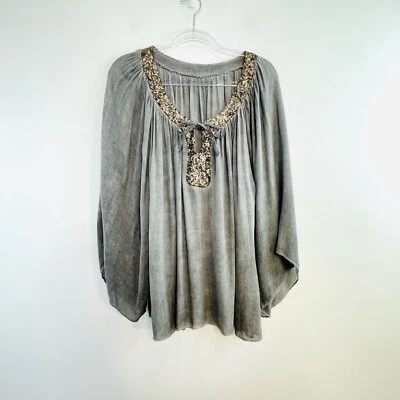 Italian Label Size 14 L Grey Cotton Sequin Trim Wide Sleeve Oversized Top - image 1 of 4