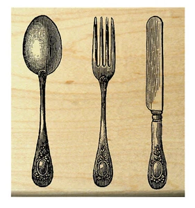 P21 Utensils, fork, knife, spoon rubber stamp WM 2.2x2.2" - Picture 1 of 1