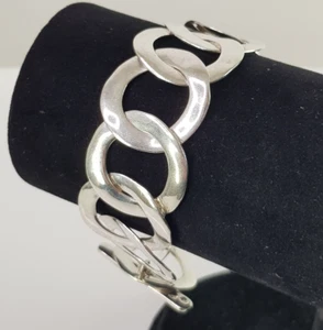 Vintage 80s Sterling Silver 925 Chunky Round Flat Link Bracelet Modernist 20cm - Foto 1 di 17