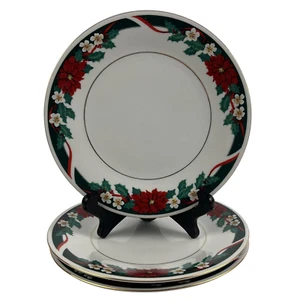 Tienshan DECK THE HALLS Salad Plates Set of 3 VTG Christmas Poinsettia 7 1/4" - Picture 1 of 11