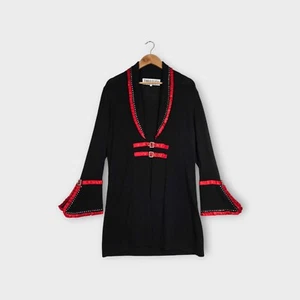 Todd & Olivia Cardigan Jacket Coat Sz 10 Black Knit Red Satin Rhinestones - Picture 1 of 16