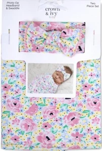 Crown & Ivy Baby Swaddle With Headband Bow. Pink Floral. Great For Pictures. NIP